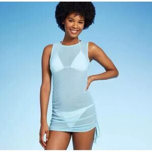 Wild Fable Women's Mesh Drawstring Ruched Swim Cover Up Dress -Blue Small